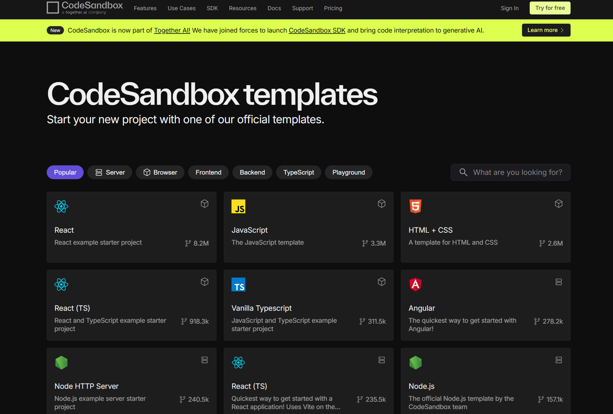 CodeSandbox Templates — готовые проекты на React, Next, Vue и др.