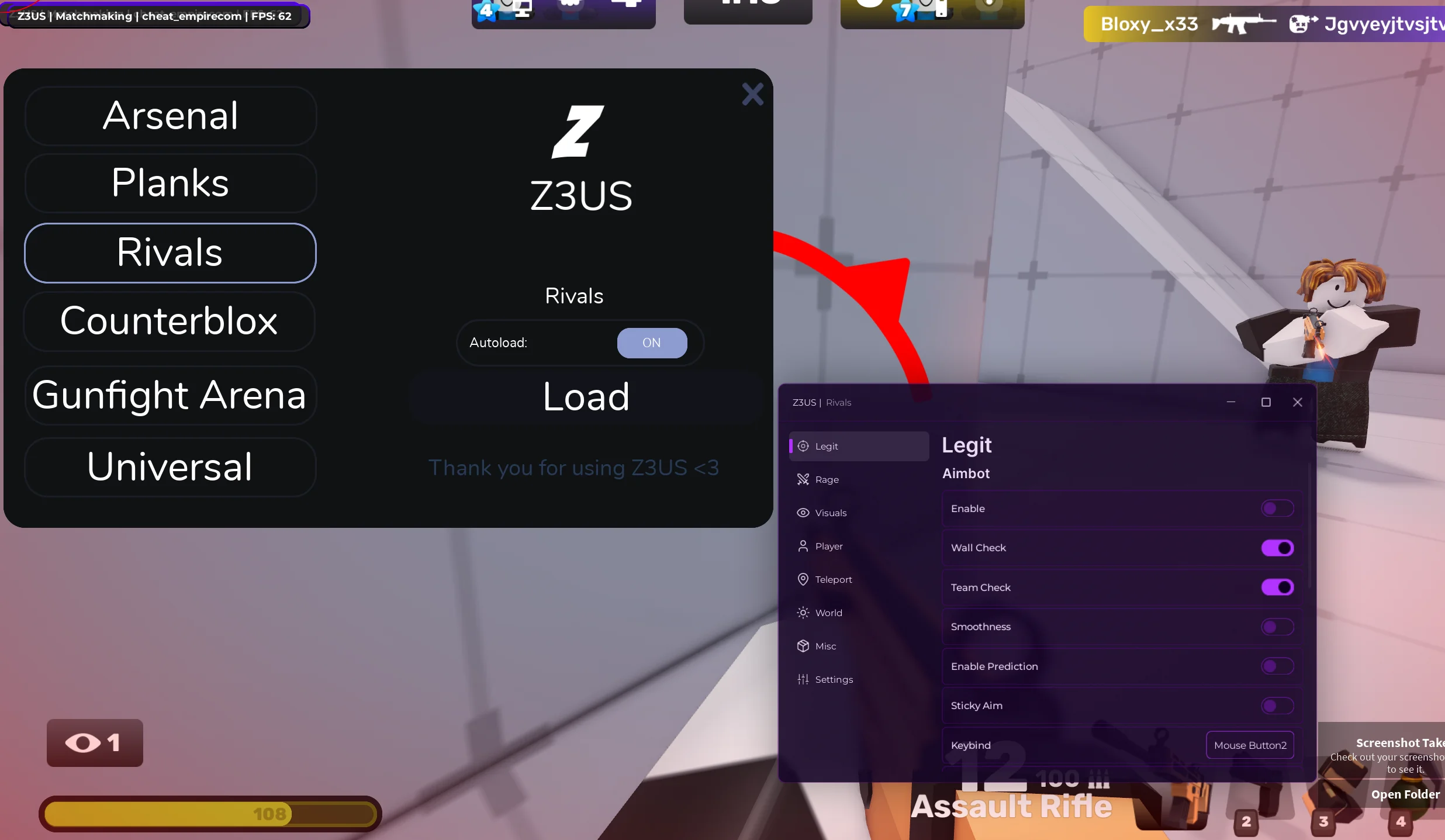 Демонстрация меню скрипта на Ривалс (Rivals) Роблокс