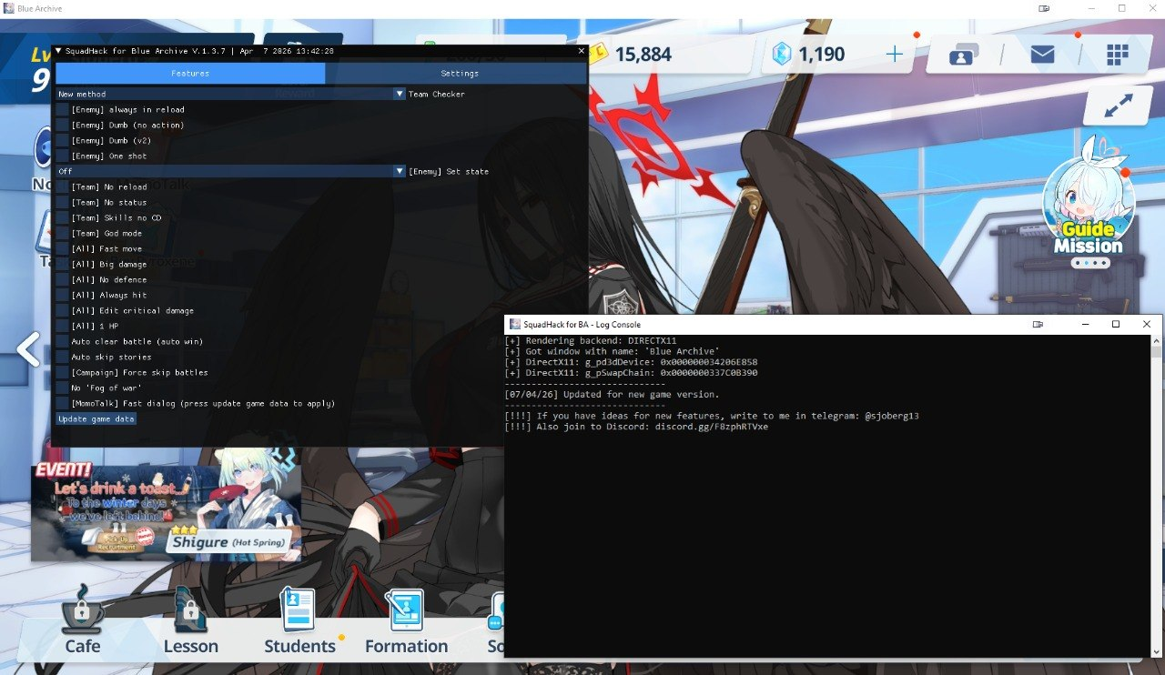 Чит на Blue Archive (Блю архив) — SquadHack [God mode, dumb enemies, one hit]